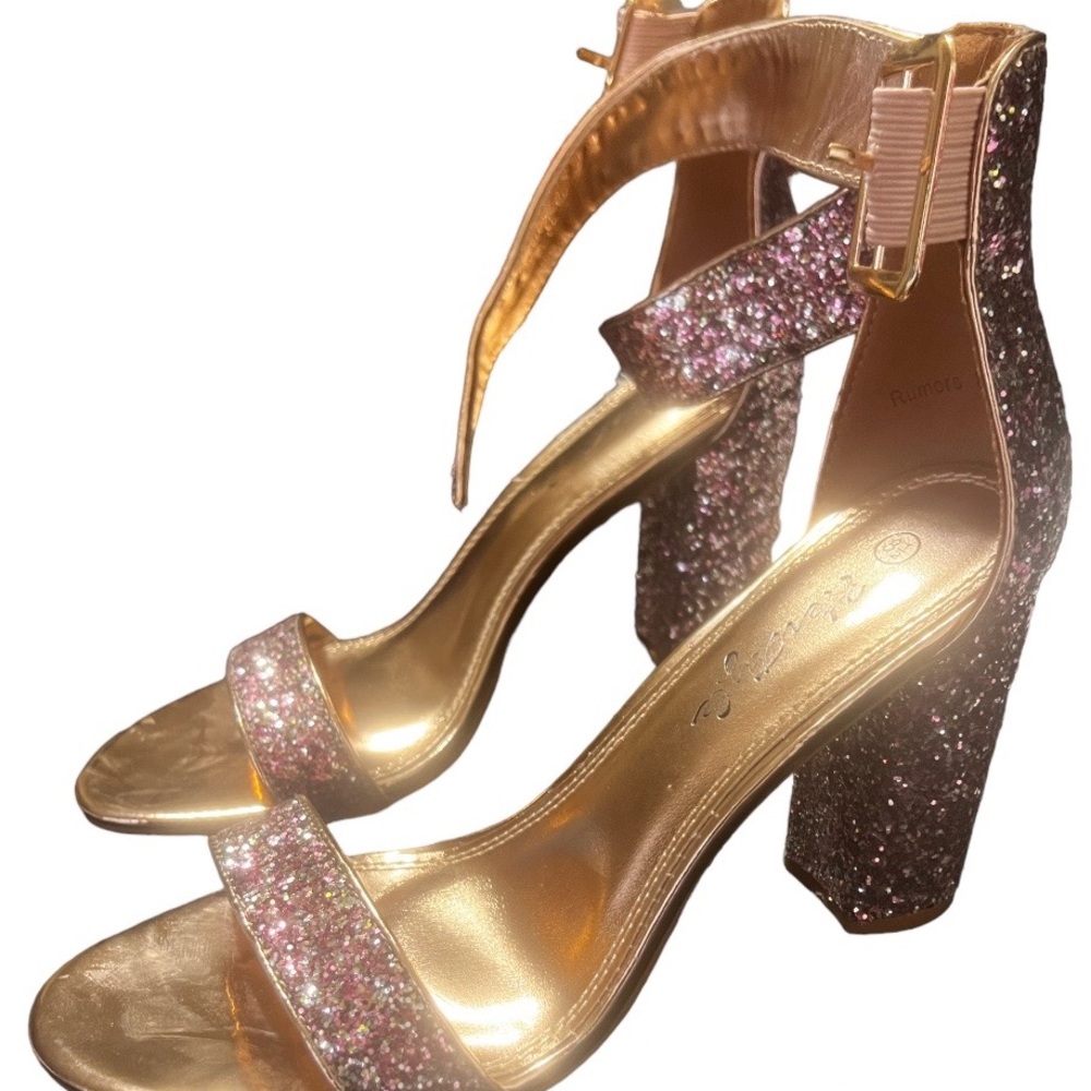 Glitter ankle strap, chunky heels